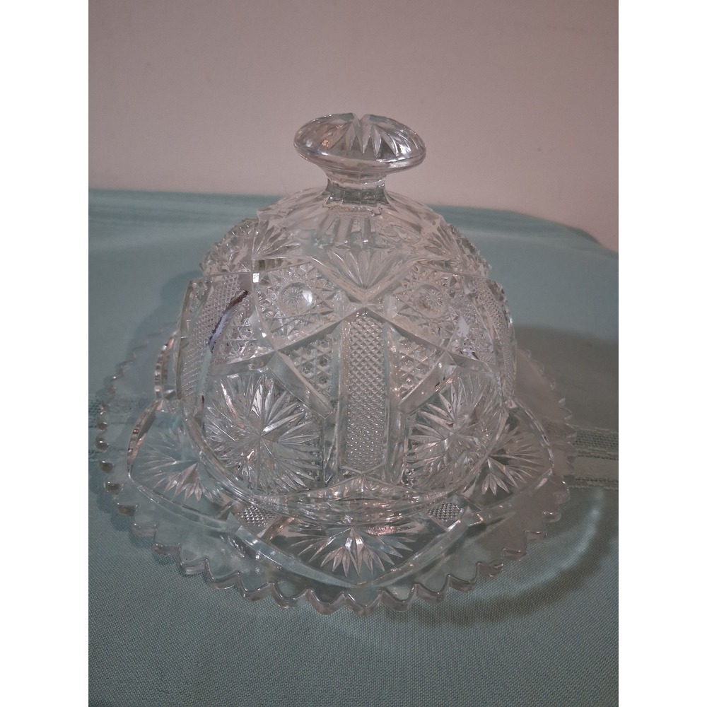 Vintage Cut Glass Round Butter Dish with Lid Hobstar Pinwheel Crystal 7.5 inch